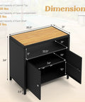 Outdoor Wicker Bar Cabinet With PE Rattan Construction, Durable Acacia Wood Countertop, Open Shelf And Two Doors, shown with dimensions and load capacities.