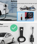 Before and after showcasing the Heavy Duty EV Charger Holder Kit With J Hook Cable Organizer Wall Mount Nozzle Dock For SAE J1772 Tesla.