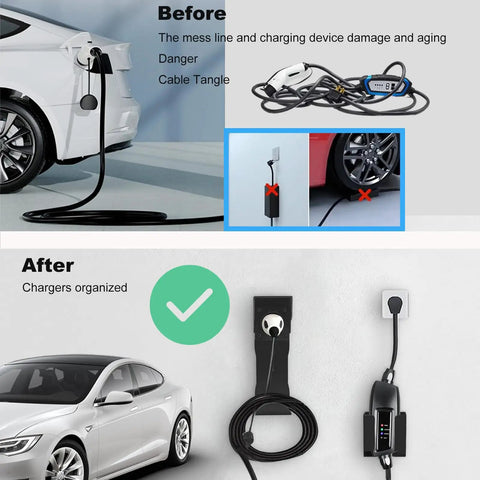 Before and after showcasing the Heavy Duty EV Charger Holder Kit With J Hook Cable Organizer Wall Mount Nozzle Dock For SAE J1772 Tesla.