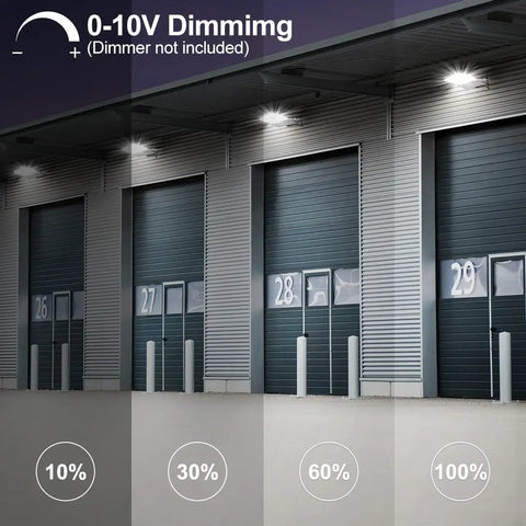 LED Parking Lot Light With 240W 200W And 150W Options, dimming effect on industrial doors, demonstrating 0-10V dimmable feature