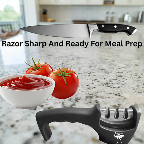 Three Stage Kitchen Knife Sharpener For Steel And Ceramic Blades With Manual Whetstone And Polishing System Beginner Friendly Ergonomic Non Slip Base Get A Killer Razor Edge In Seconds shown on kitchen counter