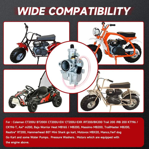 VM22 26mm Carburetor Throttle Assembly With Main Jets Kit Bolt On For Predator 212cc engines, shown with compatible mini bikes and go-karts