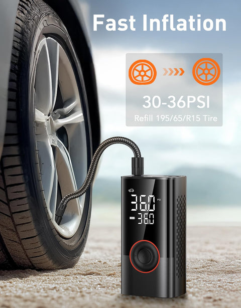 Portable Tire Inflator Air Compressor 150 PSI Cordless Pump With LED Light inflating a car tire on sandy ground