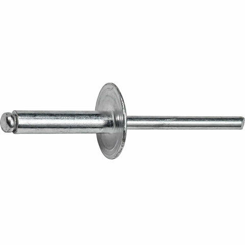 Large Flange Pop Rivets 3/16 in x 3/4 in Aluminum, side view of heavy-duty open-end fastener, corrosion-resistant, grip range.626 to.750