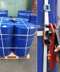 Top Shelf Straight Up Heavy Duty Packing Strapping Kit With 3/4 Inch Polyester Cord Roll 320 Feet Length 2000 Lbs Break Strength Metal Buckles And Hand Tensioner For Rock Solid Pallet Shipping with blue barrels and strapping tool.