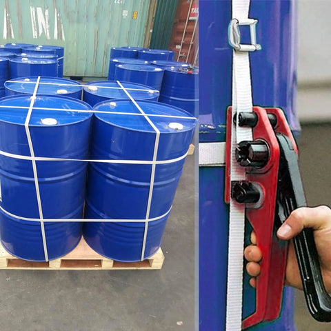 Top Shelf Straight Up Heavy Duty Packing Strapping Kit With 3/4 Inch Polyester Cord Roll 320 Feet Length 2000 Lbs Break Strength Metal Buckles And Hand Tensioner For Rock Solid Pallet Shipping with blue barrels and strapping tool.