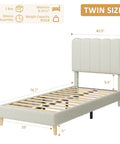Heavy Duty Twin Platform Bed Frame With Sleek Wooden Headboard, Low Rise Kids Sleeping Setup showing dimensions and fabric details.