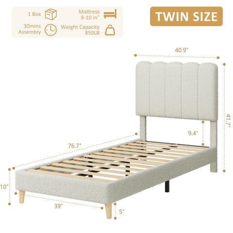 Heavy Duty Twin Platform Bed Frame With Sleek Wooden Headboard, Low Rise Kids Sleeping Setup showing dimensions and fabric details.