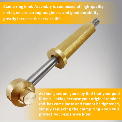 Heavy Duty Pool Filter Clamp Ring Knob Assembly with threaded rod, durable steel construction for secure pool filter installation.
