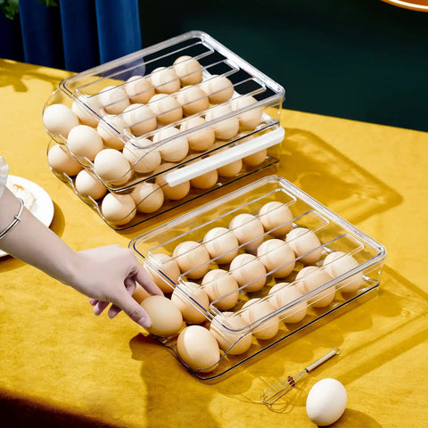 Two Layer Ramp Type Auto Rolling Egg Holder For Fridge Organizer Large Clear Egg Bin Stackable Egg Storage Tray with eggs.