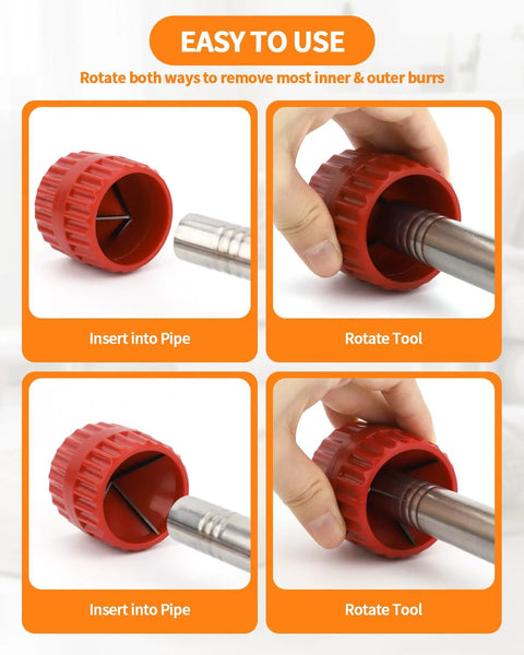 Red plastic pipe deburring tool cap with metal pipe; four-panel front view showing insert into pipe and rotate tool.