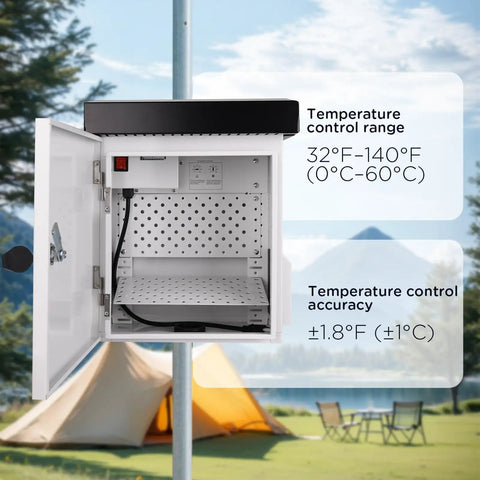 Outdoor Electrical Enclosure With Thermostat 100W Heater And 12W Fan IP65 Waterproof open showing interior setup
