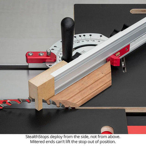 StealthStop Miter Sled with Drop Zone for unmatched accuracy, visible metal adjustable fence and guide for precise cross-cut setup