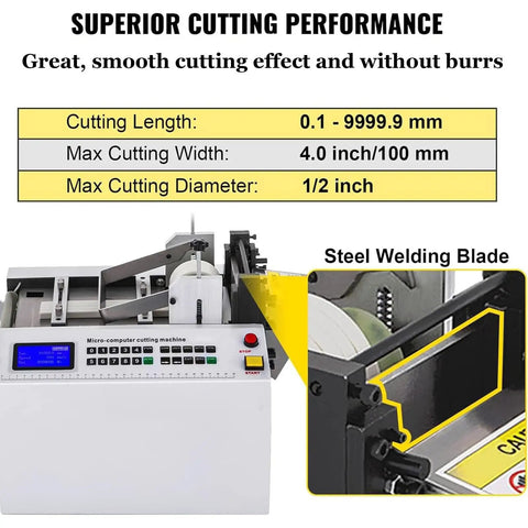 Automatic Heat Shrink Tube Cutter Machine With Micro Computer Control And Adjustable Batch Pause For Wires Plastic Tubes Film Sheets High Precision Fast Cuts showing cutting specs and components.