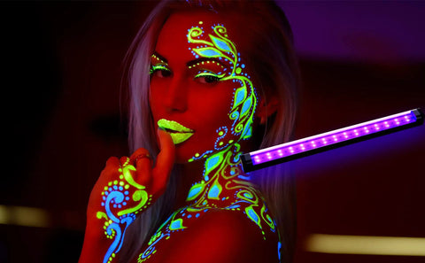 1ft 10W UV Blacklight Bar Two Pack For Fluorescent Art Tapestries Posters And Body Paint Glow Up Party Lights illuminating body paint.