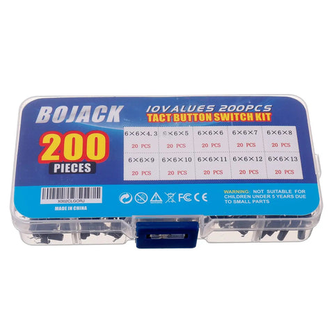 Tactile Pushbutton Switch Kit 200 Pcs 6x6 mm 4 Pin Momentary Assortment clear case with 10 value types visible, BOJACK branding