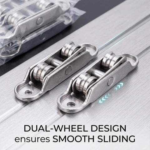 Heavy Duty Sliding Window Roller Wheels Double Wheel Pulleys with Mounting Screws showing dual-wheel design for smooth sliding.