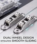 Heavy Duty Sliding Door Rollers 5 Pack With Double Wheel Pulleys and Adjustable Movable Center Brackets showing dual-wheel slider design.