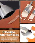 Seven Piece Leather Craft Tool Set With Half Round Arc Shaped Punches For Straps Belts Wallets And Bags DIYers Handwork Pro Grade Leatherworking Kit With Seven Size Range From 10mm To 40mm Durable Steel showing close-up of individual steel punches on leather.