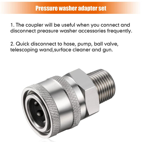 Stainless steel 3/8 in NPT pressure washer quick-connect adapter with knurled grip and male thread on one end