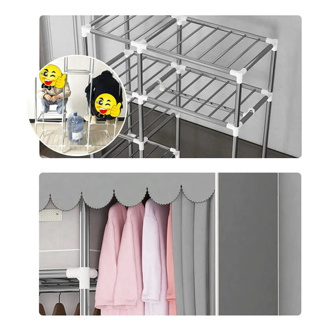 Heavy Duty Portable Wardrobe Closet Organizer Featuring Sturdy Steel Frame And Massive Hanging Space with pink clothes and shelves