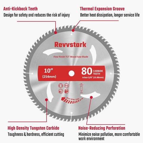 10 Inch 80T Carbide Table Saw Blade With Five Eighth Inch Arbor For Fine Finish Wood Cuts Up To 7000 RPM