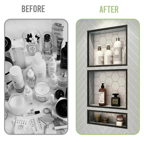 Before and after showing Shower Niche Tile Ready 16x34 Inch Bathroom Recessed Shower Niche Rectangle Waterproof Leak Proof Shelf Organizer for Shampoo and Toiletry Storage Flush Mount Installation