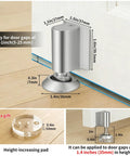 Magnetic Door Stopper With Double Magnets, Stainless Steel Door Catch, installed on floor with door, showing dimensions and no drill installation