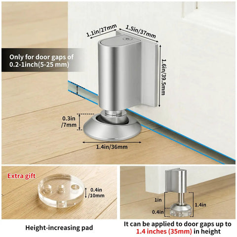 Magnetic Door Stopper With Double Magnets, Stainless Steel Door Catch, installed on floor with door, showing dimensions and no drill installation