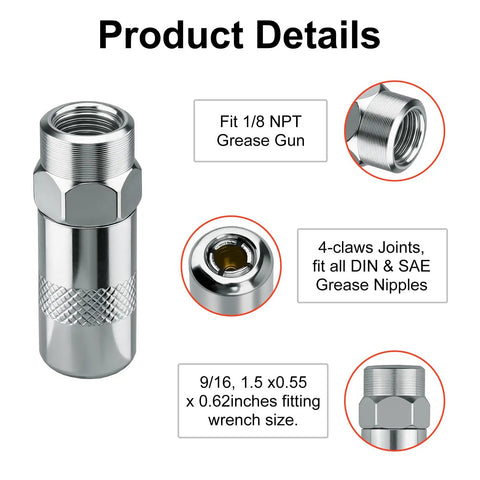 Four Pack Heavy Duty Grease Gun Coupler Tips 1/8 In NPT Replacement Set For M18 M12 Cordless Grease Guns steel construction