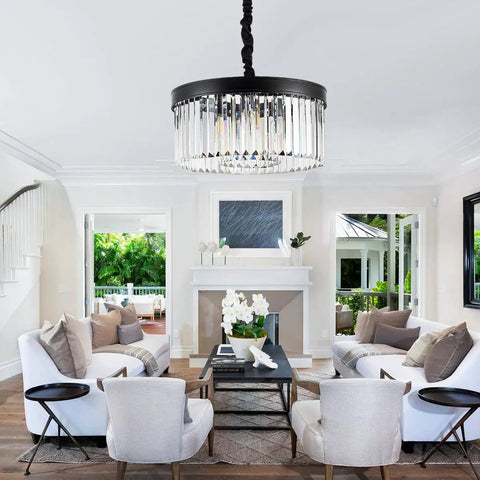 Black Crystal Chandelier Pendant Lighting, 2 Tier Modern Round Ceiling Fixture With Adjustable Height Chain in a living room.
