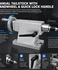 Solid Build Lathe Tailstock With Mt3 Taper And Rotary Live Center 40mm Stroke 40Cr Spindle Side Lock Clamp For Cnc Machining Shop showing manual tailstock with handwheel and quick lock handle.