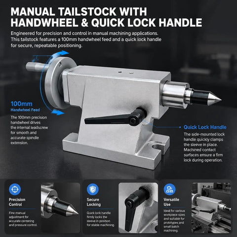 Solid Build Lathe Tailstock With Mt3 Taper And Rotary Live Center 40mm Stroke 40Cr Spindle Side Lock Clamp For Cnc Machining Shop showing manual tailstock with handwheel and quick lock handle.