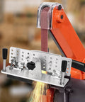 Hefty Aluminum Belt Sander Knife Jig Featuring Smooth Adjustable Angle Grinding Guide for sharpening with sparks.