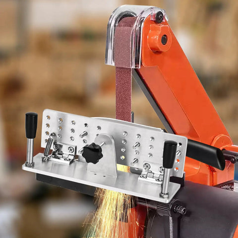 Hefty Aluminum Belt Sander Knife Jig Featuring Smooth Adjustable Angle Grinding Guide for sharpening with sparks.