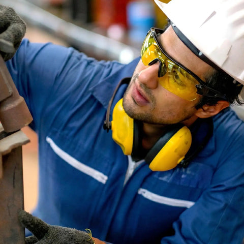 Man wearing Six Pack Clear Safety Glasses Featuring Ansi Z87 One Certification, examining machinery in protective gear.