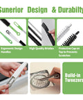 Flexible Cleaning Brush Set For Dryer Vents Fridge Coils HVAC Systems And Tight Spaces A Handy Pro Grade Multi Use Lint And Dust Remover With Crevice Brush And Detailing Tools For Deep Clean, green handles with built-in tweezers