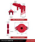OSHA Compliant Lockout Tagout Kit With 25 Devices And Carrying Bag, showing red ball valve and gate valve lockout devices with measurements