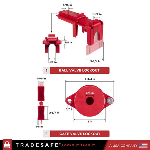 OSHA Compliant Lockout Tagout Kit With 25 Devices And Carrying Bag, showing red ball valve and gate valve lockout devices with measurements