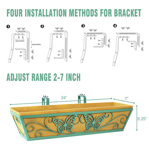 Two Pack 24 Inch Window Boxes Planter With Adjustable Brackets For Porch Deck Balcony Railing Hanging Butterfly Decorative Pattern Flower Baskets And Non Woven Fabric Liner For Outdoor Plants Green, shown with installation instructions and dimensions.