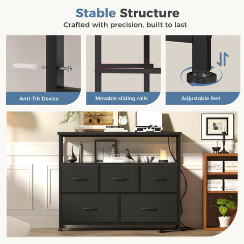 Compact Media Console And Dresser Combo With Five Fabric Storage Drawers Open Shelf For TV Space Saving Entertainment Unit