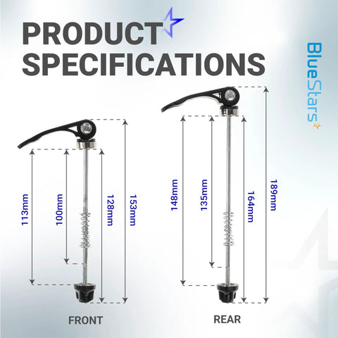 Quick Release Skewer Front And Rear Wheel Axles For Mountain Bike, Road Bike, And BMX Bikes, 153mm front, 189mm rear
