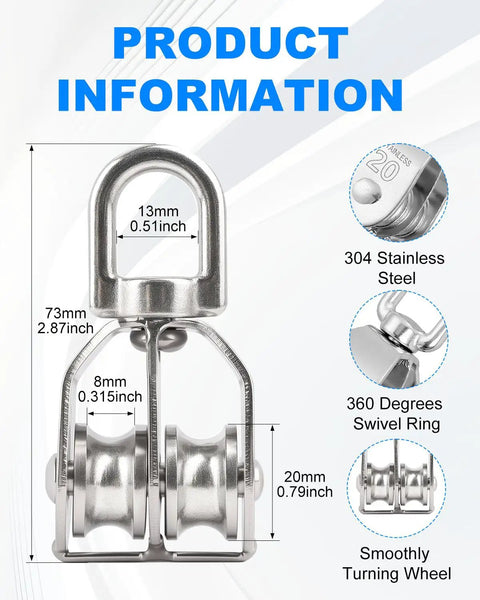 4 Pack M20 Stainless Steel Wire Rope Crane Double Pulley Block for Lifting and Hoisting Heavy Duty Rustproof Corrosion Resistant 360 Degree Rotation Rugged Block System for Tough Jobs, 304 stainless steel, 73mm