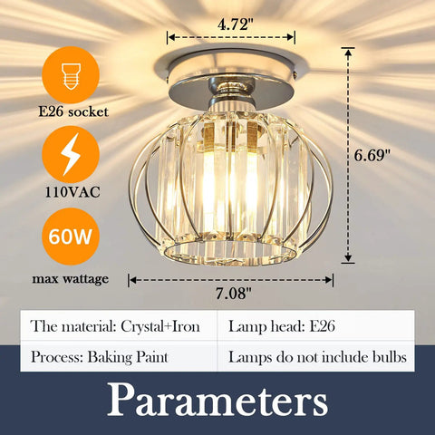 Sleek Modern Semi Flush Mount Ceiling Light Fixture With E26 Base Cool Crystal Mini Chandelier in chrome, dimensions labeled