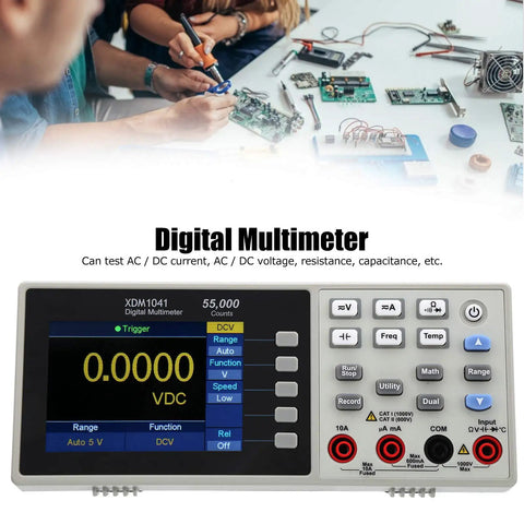 Desktop Digital Multimeter With 3.7 Inch LCD And True RMS Temperature Tester 55000 Counts Data Logging displayed in lab setting