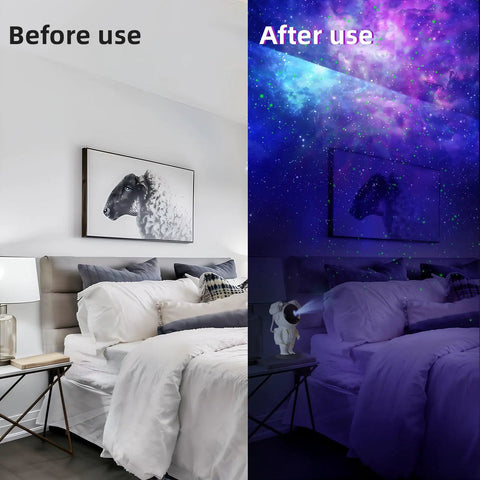 Galaxy Star Projector With Remote Control And Timing, 360 Degree Rotation Magnetic Head, room before and after use.