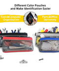Premium Small Tool Pouches With Zipper Waterproof 1680D bags for men shown in black, red, grey, blue with tools and accessories