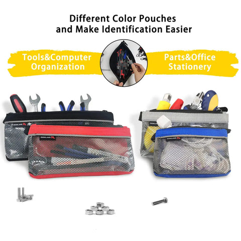 Premium Small Tool Pouches With Zipper Waterproof 1680D bags for men shown in black, red, grey, blue with tools and accessories