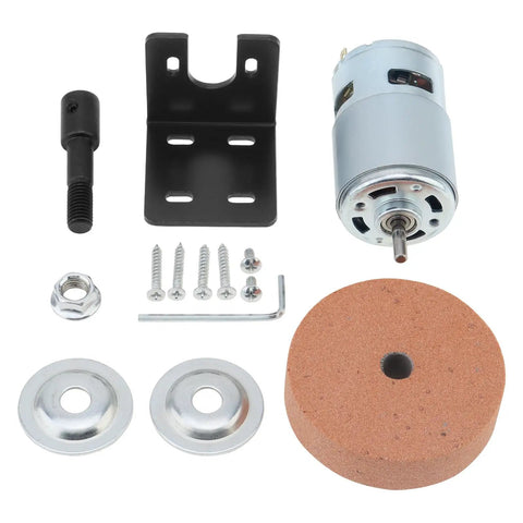 RS775 Compact DC Motor Sander Polisher Kit 12V 24V 120W Brushed Build With 5Mm Shaft parts including motor and mounting plate.