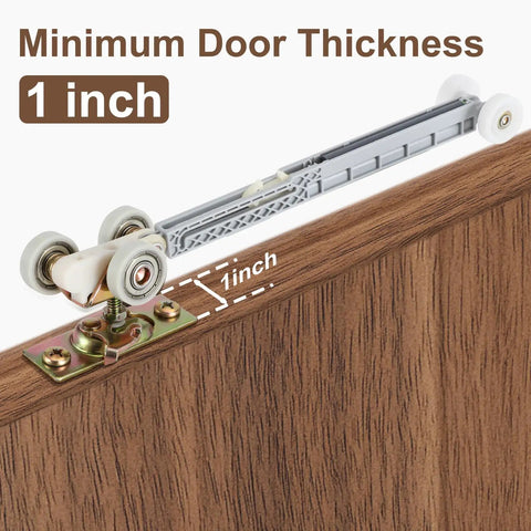 Heavy Duty Pocket Door Soft Close Bracket With One Inch Tri Wheel Hanger Rig For Seamless Bidirectional Glide No More Slamming Just Smooth As Butter Sliding Action Always showing 1 inch minimum door thickness with tri wheel hanger detail.